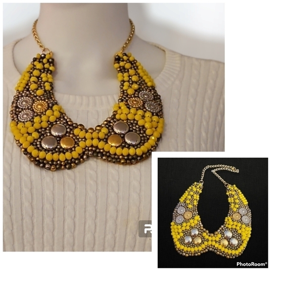 Eliv Mexican Artisan Designer Yellow Bead Woven Bib Festival Necklace - Picture 1 of 8